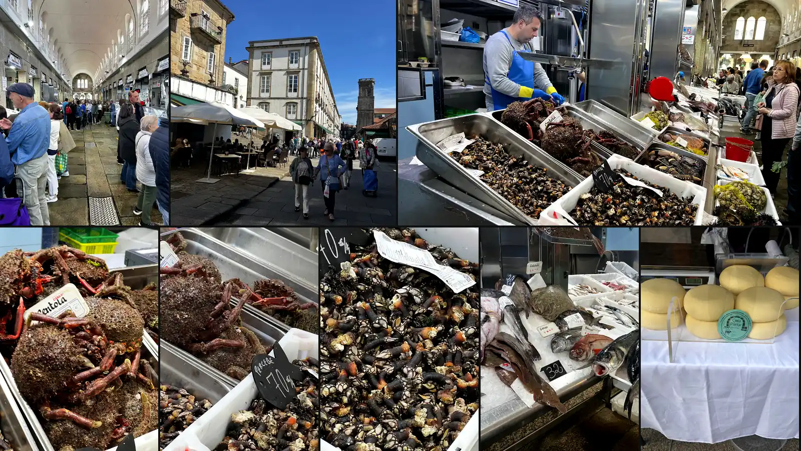 Mercado de Abastos de Santiago de Compostela: nave interior, puestos de marisco con centola y percebes, pescado fresco, queso gallego artesano y ambiente de la plaza exterior